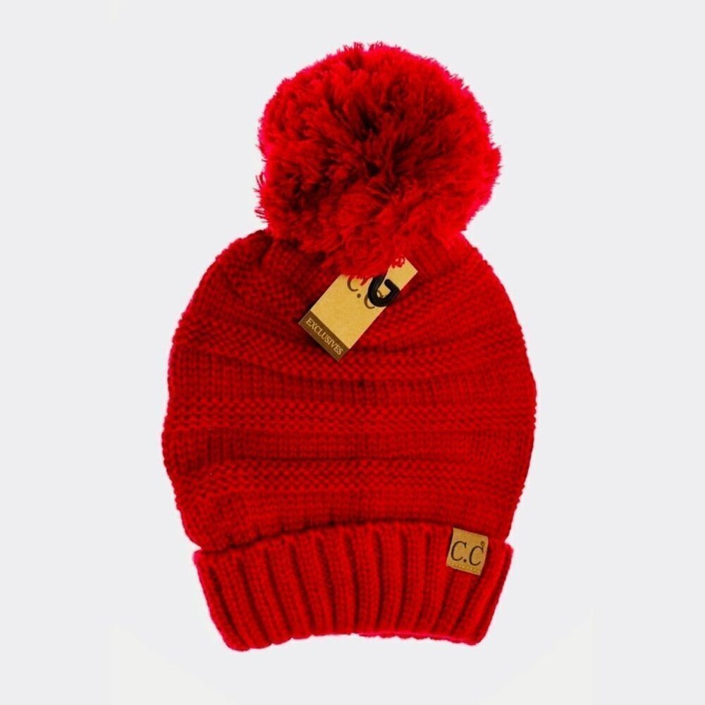 Red Knit Slouch Hat With Oversized Pom
